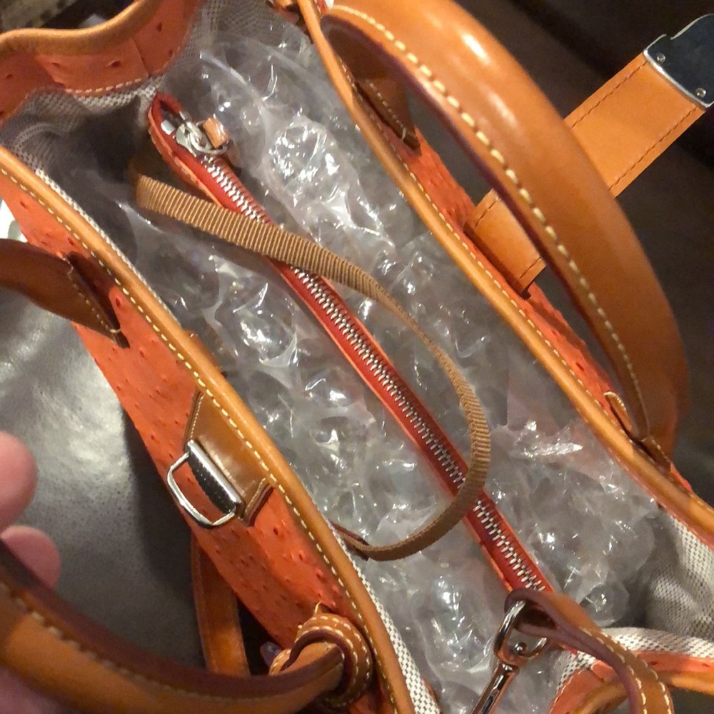 DOONEY & BOURKE Orange Ostrich Print Leather Crossbody Shoulder Laptop Bag NWOT - Picture 11 of 16